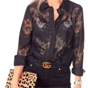 Cabi Black St. Regis Lace Button Front Blouse